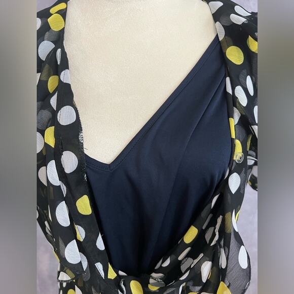 JBS Navy Blue Sheer Polka Dot Blouson Dress Yellow & White Dots Ruffled Hem 18WP - Picture 10 of 10